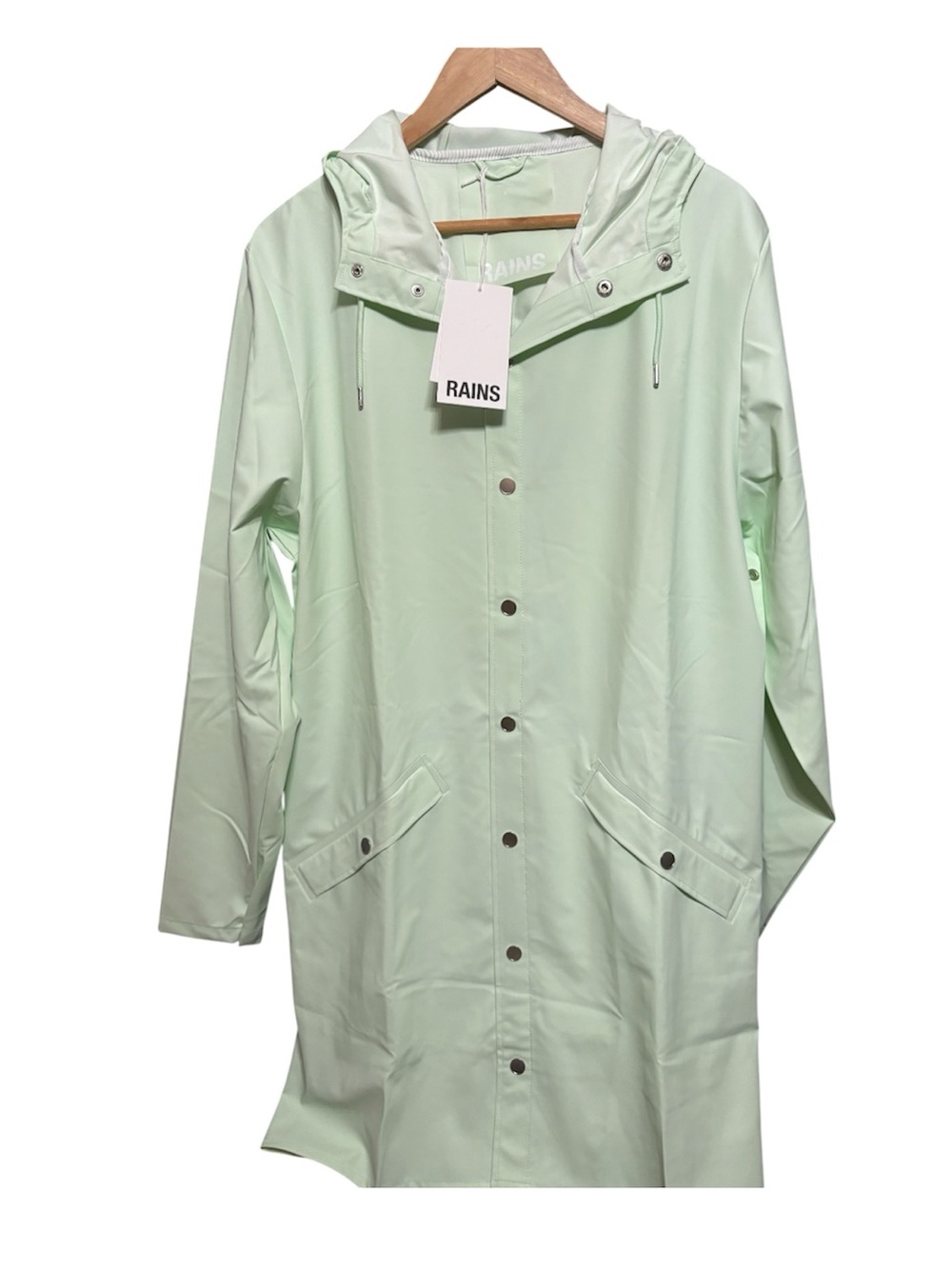 Rains Women's Light Mint Mineral Wash Hooded Trench Coat L